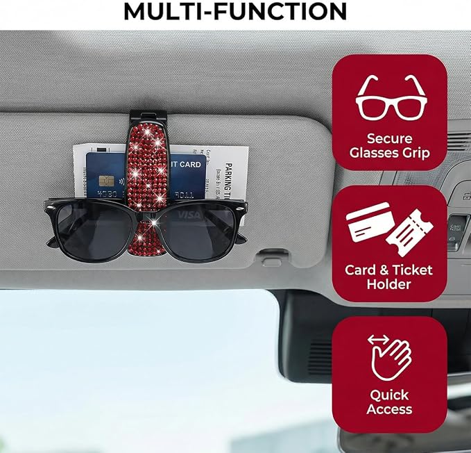 HZEL 2PCS Bling Sunglasses Holder for Car Visor, Crystal Rhinestone Sun Visor Eyeglasses and Ticket Card Mount Clip, Shiny Diamond Auto Glasses Hanger Holder, Universal for Vehicles (Multicolor) - Image 6