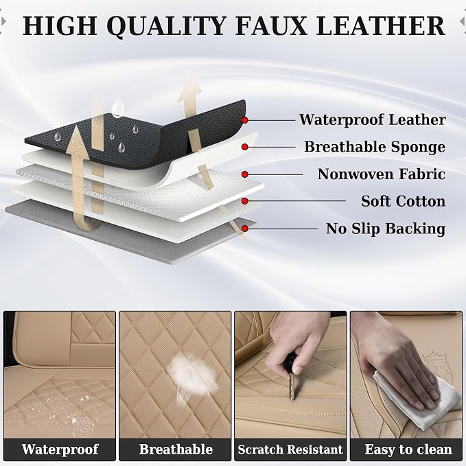 Coverado Car Seat Covers Full Set, 5 Seat Universal Seat Cover for Cars, Luxury Faux Leather Waterproof Seat Covers, Front and Back Car Seat Protector, Auto Seat Covers Fit for Most Vehicles, Beige - Image 9
