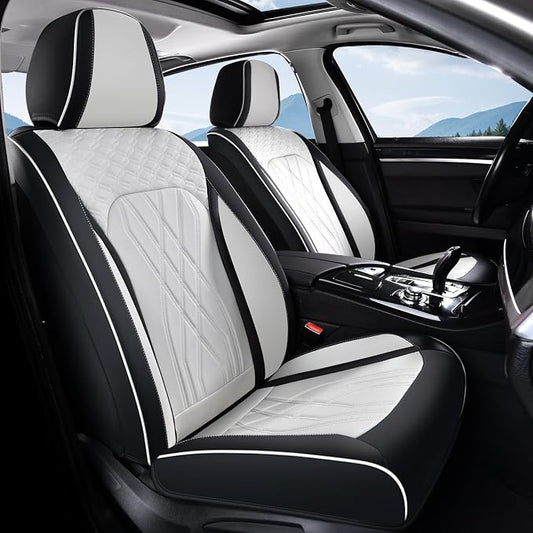 FLORICH Leather Car Seat Cover Full Set Automotive Seat Covers 5 Seats Front and Back Seat Cover Full Coverage Car Seat Cushion Universal Fit for Most Car Truck SUV Seat Protection, Black&White - Image 2