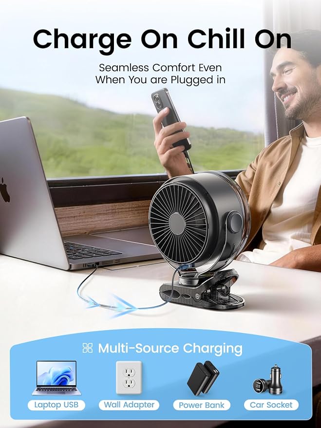 Clip on Fan, Rechargeable USB Fan with Sturdy Clamp, LED Display, 100 Speeds, 3000mAh Battery, 360° Rotation, 5.5 Inch Portable Fan for Stroller Bed Camping Treadmill Car Black - Image 9