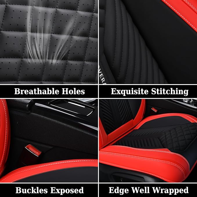 Coverado Front Seat Covers, 2 Pack Waterproof Seat Covers for Cars, Luxury Leather Seat Cushions, Front and Rear Seat Protectors, Auto Seat Covers Fit for Most Vehicles(Black&Red) - Image 7