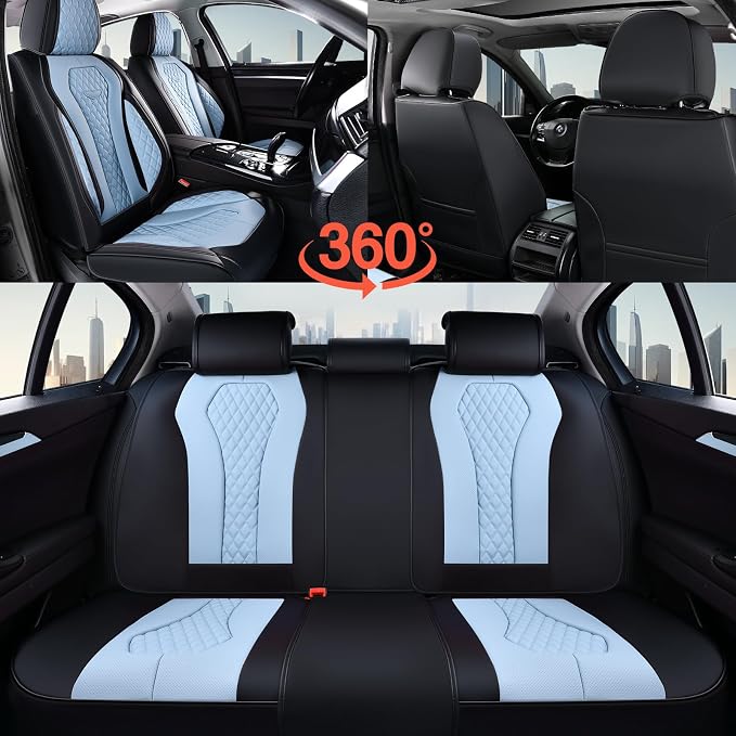 Coverado Auto Seat Covers, Car Seat Covers Full Set, Blue Car Seat Cover, Driver Seat Covers Front Seats Rear Seat Cover, Luxury Car Seat Cushion,Leather Seat Cover Seat Protector Fit for Most Cars - Image 8