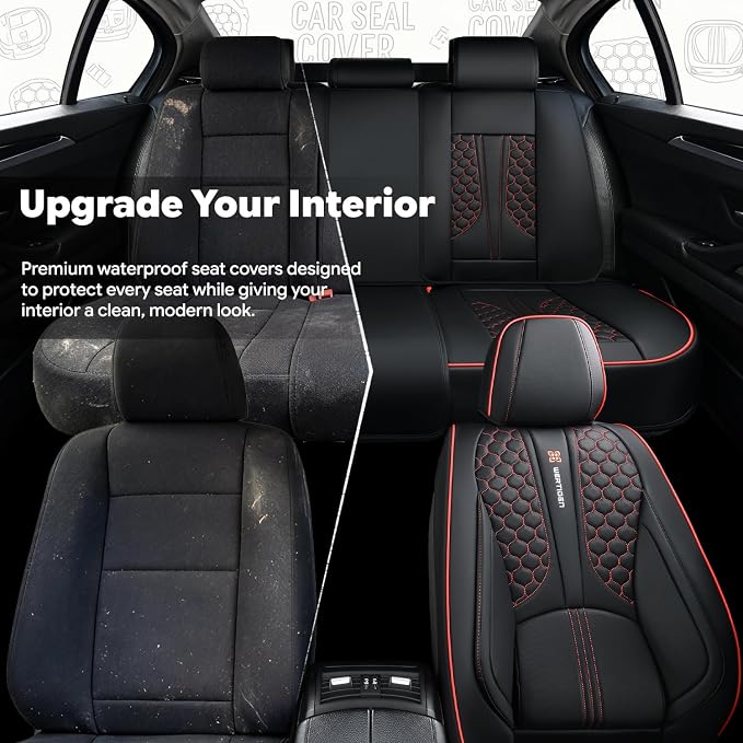 Black and Red Leather Car Seat Cover Set, with Lumbar Support | OEM-Inspired Interior Upgrade - Image 9