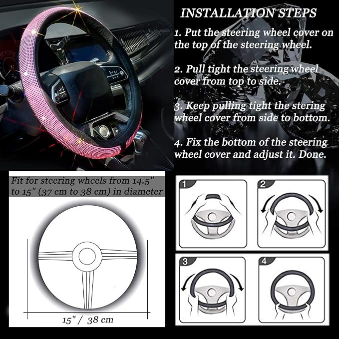 ChuLian New Diamond Leather Steering Wheel Cover with Bling Crystal | Universal Fit 15 Inch Car Wheel Protector for Women Girls with Bling Rhinestones Pink Diamond - Image 7