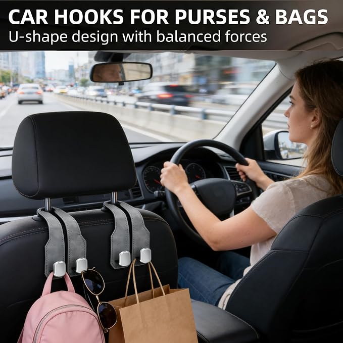 Car Seat Headrest Storage Hooks - 2 Pack Dual Hangers Design Organization Accessories, Car Interior Gadgets to Add Extra Holder and Hook for Purses,Bags,Coat and Handbag - Image 7