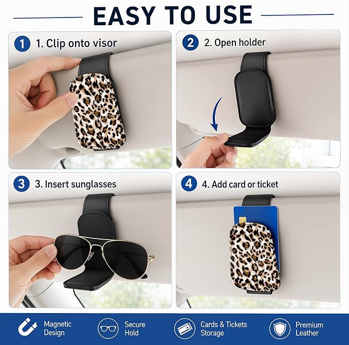 Leather Magnetic Sunglass Holder for Car Sun Visor, Cute Eyeglass Ticket Card Hanger Clip, Universal Auto Interior Accessories for SUV Pickup Truck, Classic Leopard - Image 5