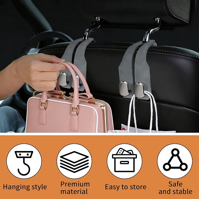 4 Pack Car Seat Headrest Hooks for Purses and Bags, Car Purse Holder With Double Metal Hooks, Headrest Back Seat Handbags Hook, Universal Car Purse Hanger, Cute Car Hanging Accessories, Grey - Image 6