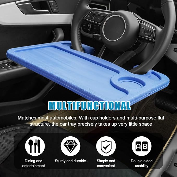 Car Steering Wheel Desk, Multifunctional Auto Seat Stand Trays for Eating and Working, Double Sided Design Steering Wheel Table Desk for Laptop, Food, Car Accessories (Blue) - Image 6