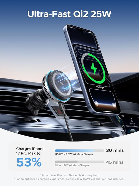 UGREEN Qi2.2 25W Wireless Car Charger Mount with Silent Cooling Fan (TEC) | Air Vent Clip and Fast Power, LED Lights, 360°Adjustable Car Phone Holder for iPhone 17-12 Series, 5FT Cable, No Adapter - Image 2