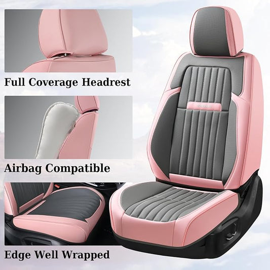 Coverado Car Seat Covers Full Set, Nappa Leather Seat Covers for Cars, Waterproof Car Seat Covers Front Seats and Back, Automotive Car Seat Protector Car Seat Cushion Fit for Most Cars (Pink&Grey) - Image 2