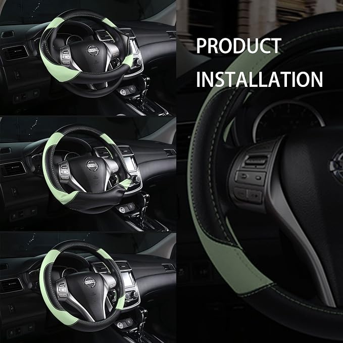 Leather Car Steering Wheel Cover, Universal Fit for Most Cars, Green | Microfiber Leather,Non-Slip Breathable Auto Steering Wheel Protector - Image 7