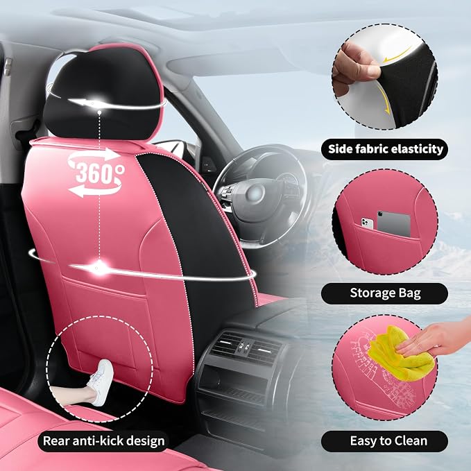 Fit Venza Premium Leather Car Seat Covers for Toyota Venza 2009-2025 2026 - Waterproof,Breathable,All-Weather Seat Cushion Protecto & Airbag Compatible, Full Set Pink&Black - Image 8