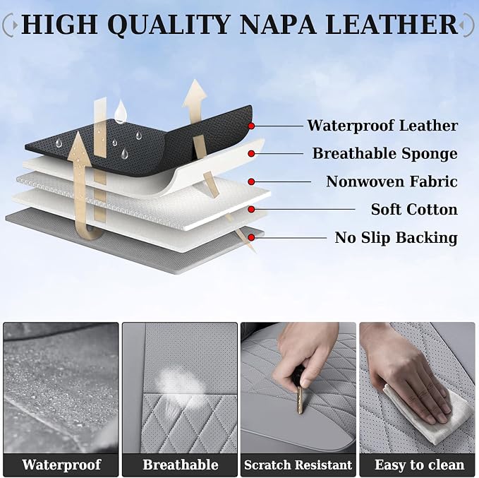 Coverado Tacoma Seat Covers Full Set, Faux Leather Car Seat Covers Custom Fit for 2005-2023 Toyota Tacoma Double & Crew Cab SR SR5 Limited TRD Sport/Pro/Off Road Toyota Tacoma Accessories (Gray) - Image 7