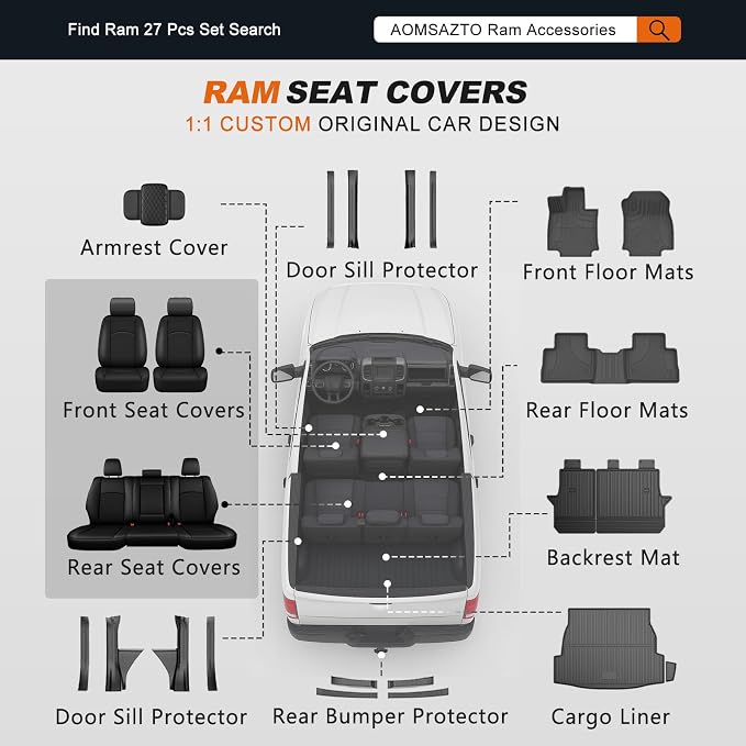 AOMSAZTO Custom Fit Seat Covers for Ram 1500 & 2500 2009-2018 Black Lattice | Pickup Truck Seat Covers, Perfect Fit, Breathable, Waterproof, Premium Faux Leather, for Ram Crew Cab, Airbag Compatible - Image 8