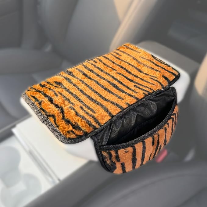 Plush Animal Print Car Center Console Cover with Side Pockets, Fluffy Armrest Cushion Pad.,Soft Car Interior Accessories with Storage for Women. Universal Fit for Vehicles SUV Truck (Tiger Print) - Image 9