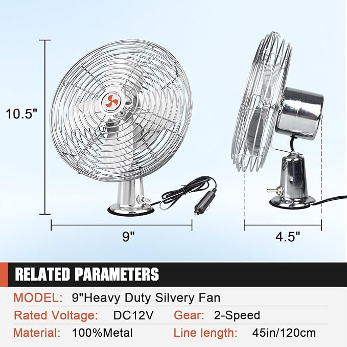 12V Portable Fan RV | Truck Cooling Heavy Duty 9" Metal Clip-On Car Fan Bus | Boat | Forklift | Car | Camper | Lawn | Mower | Tractor 2-Speed High Velocity Silver - Image 7