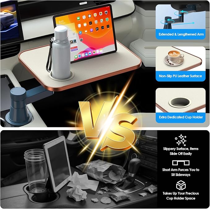 Car Tray& Car Desk for Laptop,Dual 360° Rotating,Anti Slip Leather Surface, Food Tray, Cup Holder Table Compatible with Tesla Model Y/3/S, Ford F150/Explorer/Maverick/Home Theater Seating (White) - Image 7