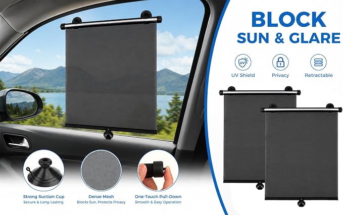 2 Pack Retractable Car Side Window Sun Shade, 15.7" x 17.7" Roller Sunshade with Suction Cups, Blocks Heat UV Rays, Privacy Protection for Baby Kids, Universal Fit for Cars, SUVs, Trucks, Black - Image 9