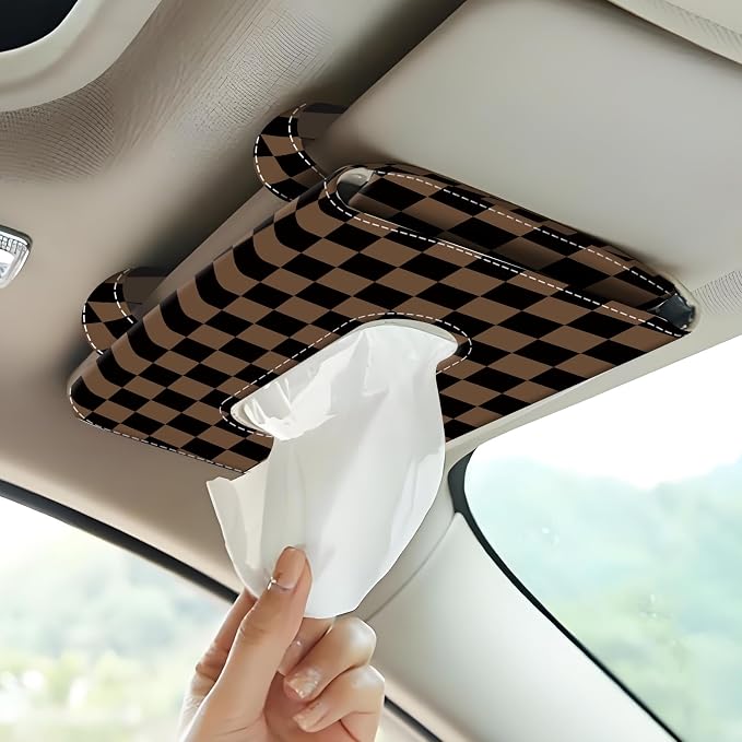 Car Tissue Holder, Cute Sun Visor Napkin Holder Backseat Tissue Case, PU Leather Tissue Box, Funny Car Accessories for Women Men Black Brown Cute Plaid - Image 6