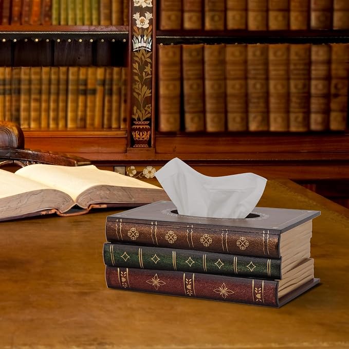 Retro Wooden Antique Book Tissue Box Cover Rectangular Home Library Decor | Crafted Decorative Tissue Holder Dispenser Paper Cover Case Napkin Holder for Bathroom living room office car kitchen - Image 6