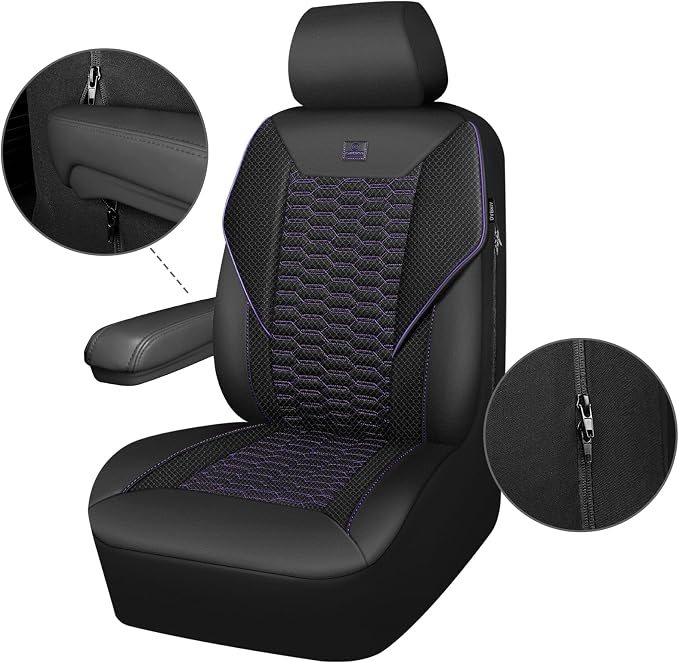 CAR PASS 3D Foam Mesh Leather Car Seat Covers Front Seats,Breathable Mesh Front Seat Covers for Women,Universal Fit for Cars SUV Truck Sedan Van Automotive,Armrest Airbag Compatible,Black and Purple - Image 8