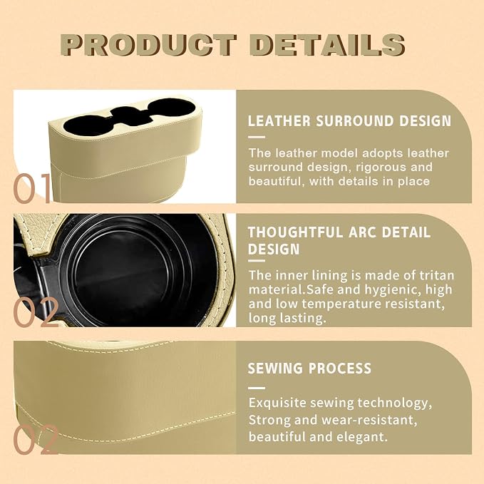 Car Cup Holder, PU Leather Auto Front Seat Organizer, Multifunctional Cup Drink Holders, Gap Filler Storage Box Coin Bucket Console Side Pocket Cell Mobile Phone Holder (Beige) - Image 6