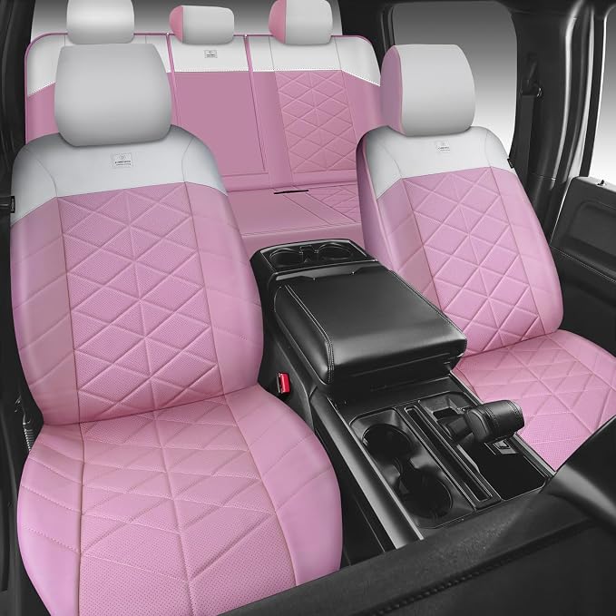 CAR PASS Memory Foam Leather Seat Covers Full Set, Breathable Luxury Perforated Nappa Leather Seat Covers Universal Fit for Car,SUV,Truck Seat Covers Thick 3D Foam Comfort,Airbag Compatible Pink White - Image 9