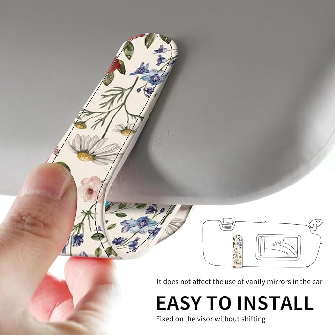 Leather Magnetic Sunglass Holder for Car Sun Visor, Cute Eyeglass Ticket Card Hanger Clip, Universal Auto Interior Accessories for SUV Pickup Truck, Wildflower Floral - Image 5