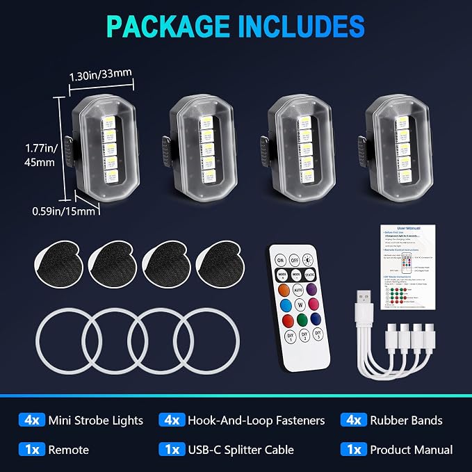 1797 Upgraded 5-LED Wireless Strobe Lights with Remote, RGB Exterior & Interior Ambient Lighting, 8 Colors & 5 Modes, USB-C Rechargeable, 4 PCS Waterproof Mini Lights for Car, Truck, Bike, Motorcycle - Image 7