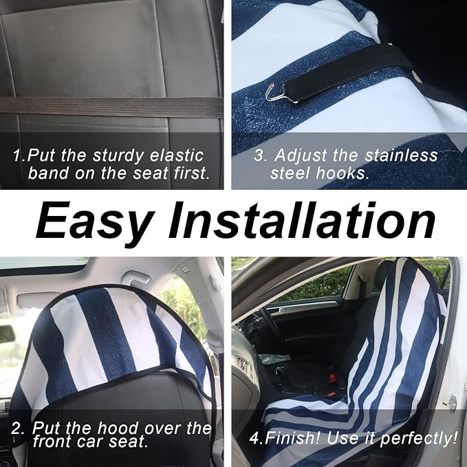 Sweat Towel Car Seat Cover Protector Front Seats for Gym Workout, Running, Swimming, Beach and Hiking, Waterproof Universal Seat Cover for Car, Trucks, Van & SUV (2, White/Blue Stripe, Front) - Image 6