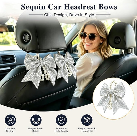 2 Pack Pearl Car Seat Headrest Hook with Bow & Sequin/Leopard/Polka Dot Design – Cute Purse Hanger for Vehicle,Grocery Bags, Umbrellas, Seat Back Organizer for Women (Silver Sequins) - Image 2