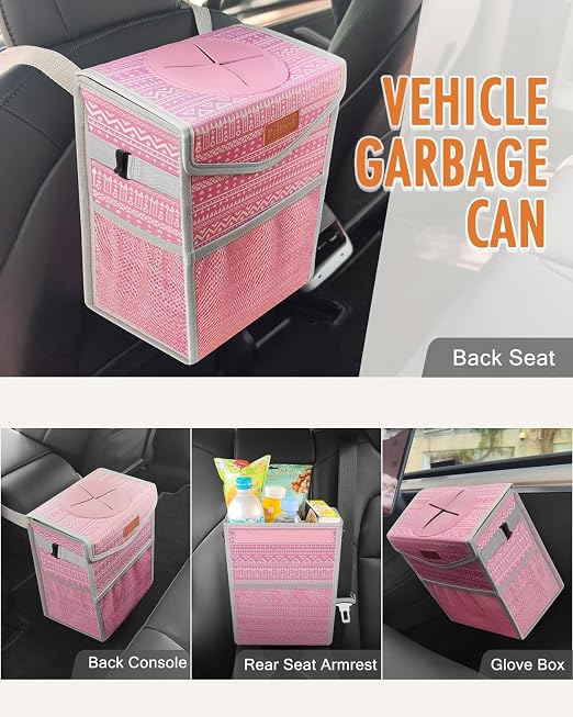 Pritent Car Trash Can with Lid Leakproof Car Garbage Bag Vehicle Trash Bin | Hanging Automotive Garbage Can,Multipurpose Car Accessories for Women Men Interior Car Storage Organizer(2 Gal,Pink Print) - Image 6