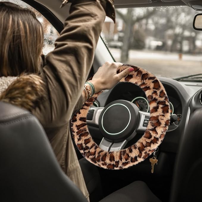 Accmor Fuzzy Car Steering Wheel Cover, Universal Fit Fur Auto Wheel Cover & Handbrake Cover & Gear Shift Cover Set, Leopard Warm Fluffy Vehicle Wheel Protector Car Accessories for Men Women (Brown) - Image 7