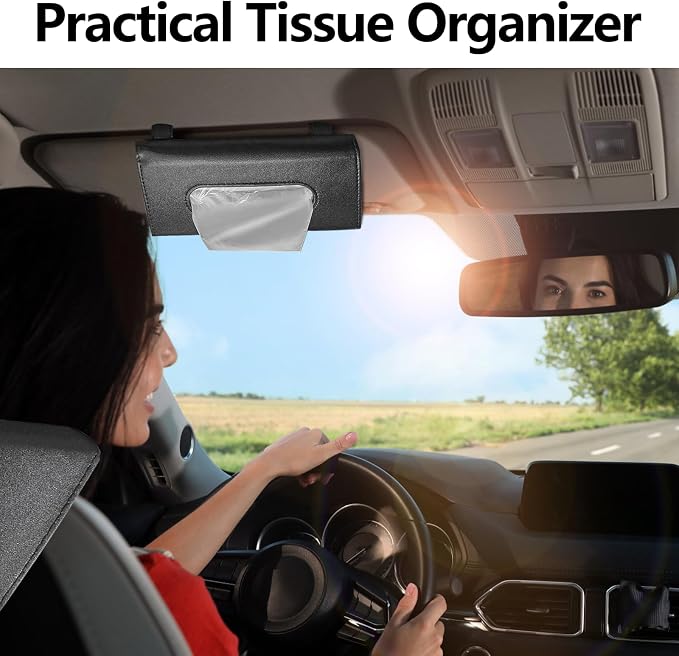 wuyaoyao Car Tissue Holder, Leather Sun Visor Napkin Case, Black | Hook-and-Loop Design, Car Tissue Dispenser, Clip-on Mask Holder for Sunvisor, Easy to Use, Fits SUVs, Sedans, Trucks - Image 6