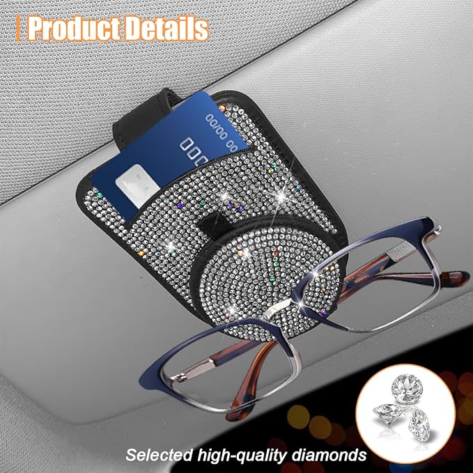 Bling Sunglasses Holder for Car Visor, Genuine Leather Crystal Rhinestone Vehicle Eyeglasses Clip Mount Hanger, Auto Ticket Card Origanizer for Women Girls, Universal Fit (Multicolor) - Image 6