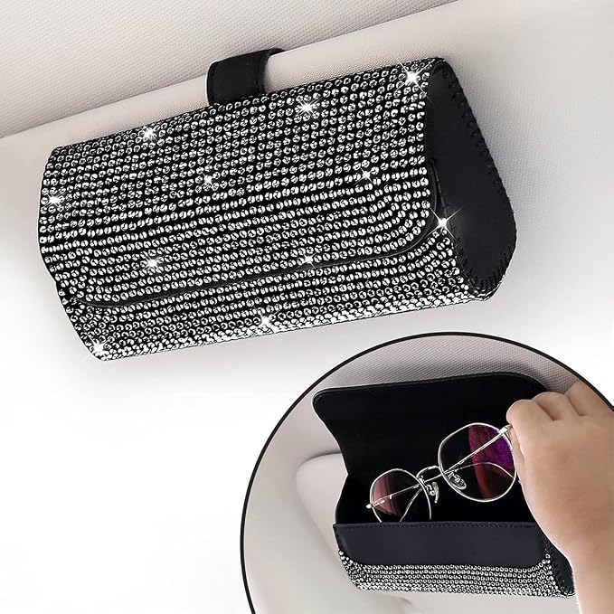 Osilly Bling Car Sunglass Holder for Sun Visor, Sparkling Crystal Leather Automotive Eyeglasses Mount Clip Organizer with Hidden Magnetic Closure for Men Women, Universal for SUV Truck Van(Black) - Image 6