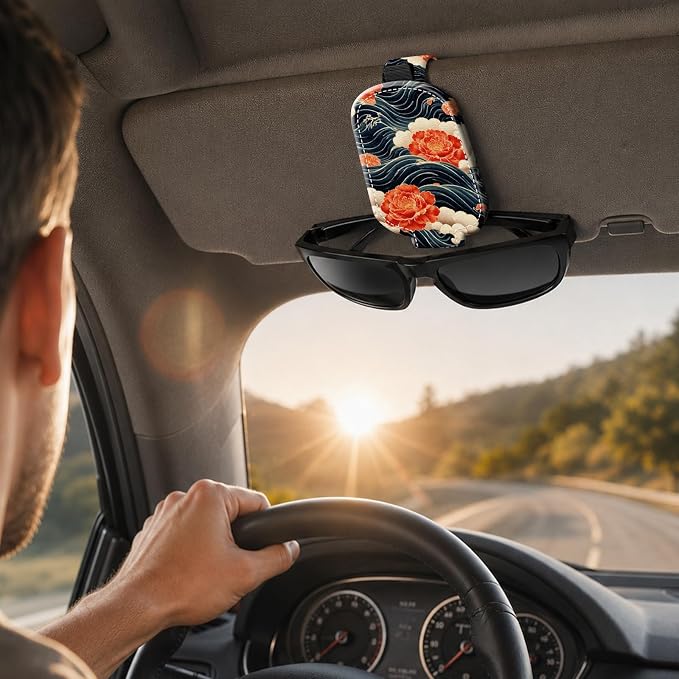 Sunglasses Holder for Car Visor, PU Leather Glasses Clip Organizer, Cute Magnetic Eyeglass Holder for Vehicle Sun Visor, Car Interior Accessory for Women & Men, Flower Wave - Image 6
