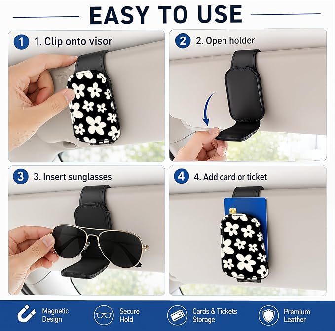 Leather Magnetic Sunglass Holder for Car Sun Visor, Cute Eyeglass Ticket Card Hanger Clip, Universal Auto Interior Accessories for SUV Pickup Truck, Black Flower - Image 5