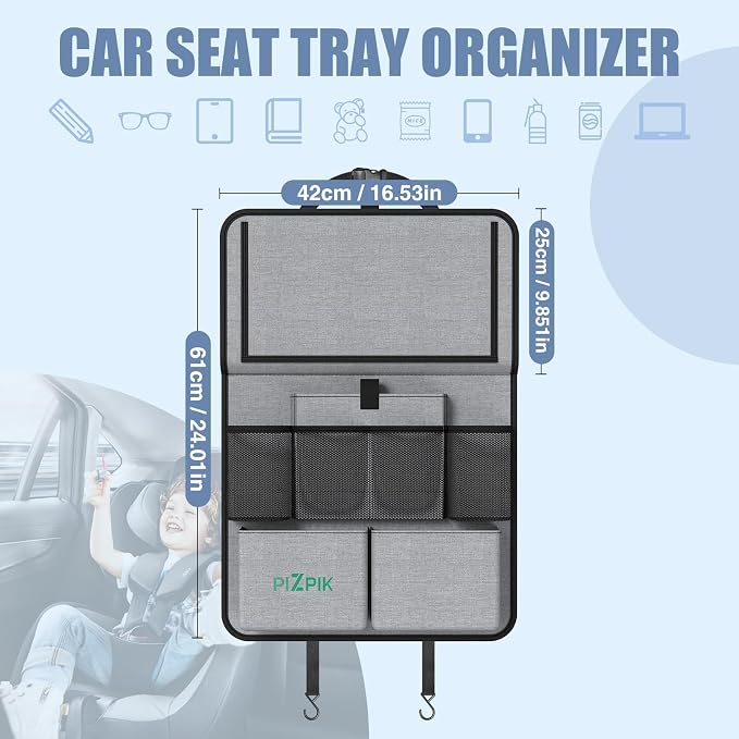Car Backseat Organizer with Tablet Holder,11 Storage Pockets with Foldable Food Tray, Protector Kick Mats for Kids, Travel Accessories Organizer (Gray, 1Pack) - Image 7