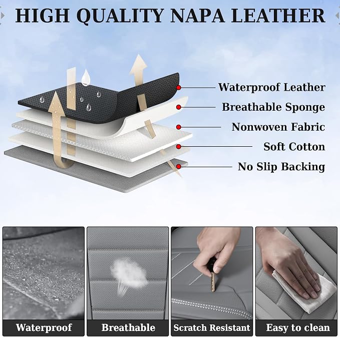 Coverado Front Seat Covers, Car Seat Cover, Gray Seat Covers for Cars, Car Seat Protector, 2PCS Waterproof Faux Leather Car Seat Cushion, Luxury Seat Cushions, Auto Seat Covers Fit for Most Vehicles - Image 8