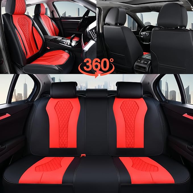 Coverado Car Seat Covers, Seat Covers Full Set, Red Car Seat Cover, Auto Seat Covers Front Seats Rear Seat Cover, Luxury Car Seat Cushion,Leather Seat Cover Seat Protector Universal Fit Most Cars - Image 9