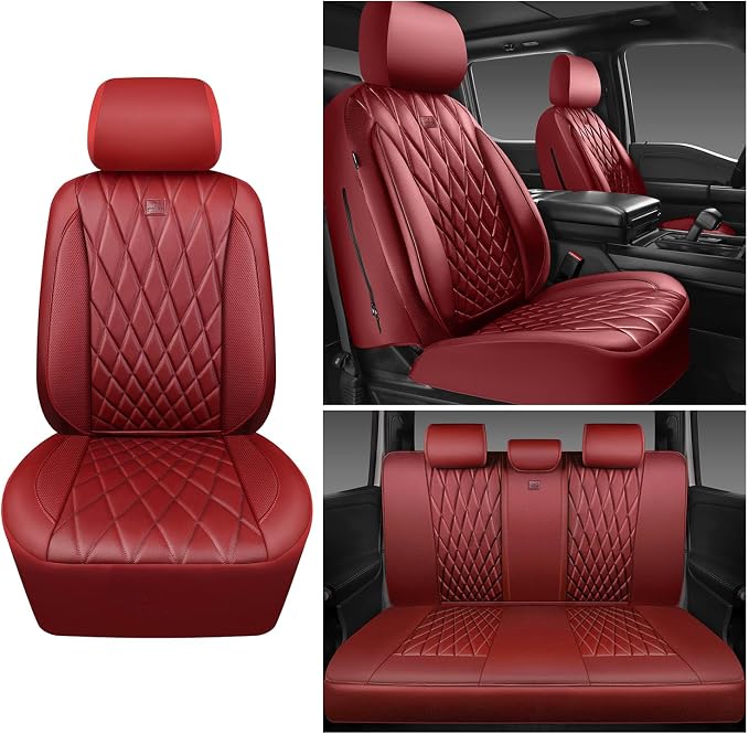 CAR PASS Piping Luxury Faux Leather Seat Covers Full Set, Premium Delux Anti-Slip Waterproof Automotive Seat Cover Universal Fit for Sedans Suvs Vans Trucks, Armrest & Airbag Compatible, Burgundy Red - Image 7