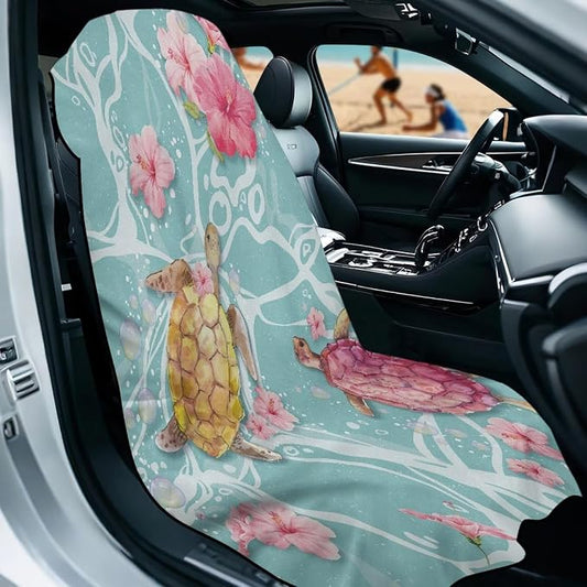 Hibiscus Print Car Seat Towel Covers Front Seats Sea Turtle Print Seat Shield for SUV Truck Sedan Quick-Dry Athletic Towels for Car Seats with Storage Bag - Image 2