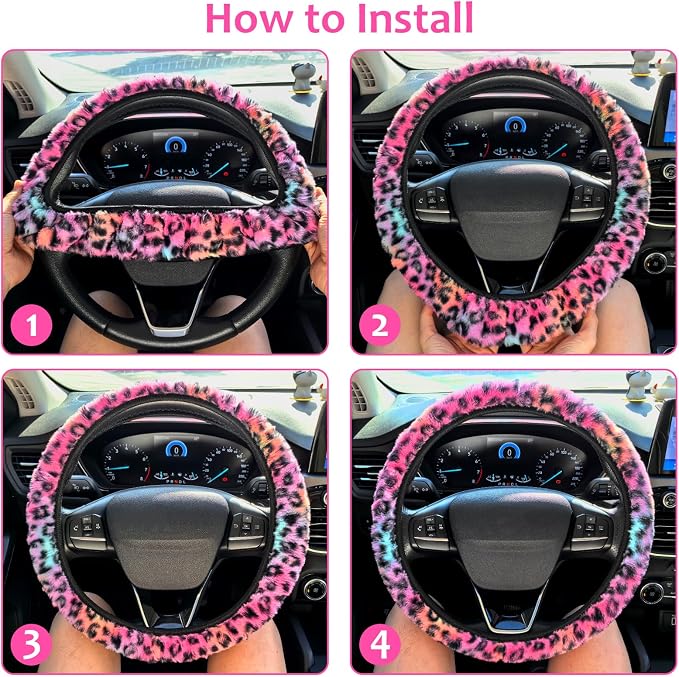 Accmor Fuzzy Car Steering Wheel Cover, Universal Fit Fluffy Auto Wheel Cover & Handbrake Cover & Gear Shift Cover Set, Leopard Print, Car Steering Wheel Cover Protector for Women Girls (Colorful) - Image 7