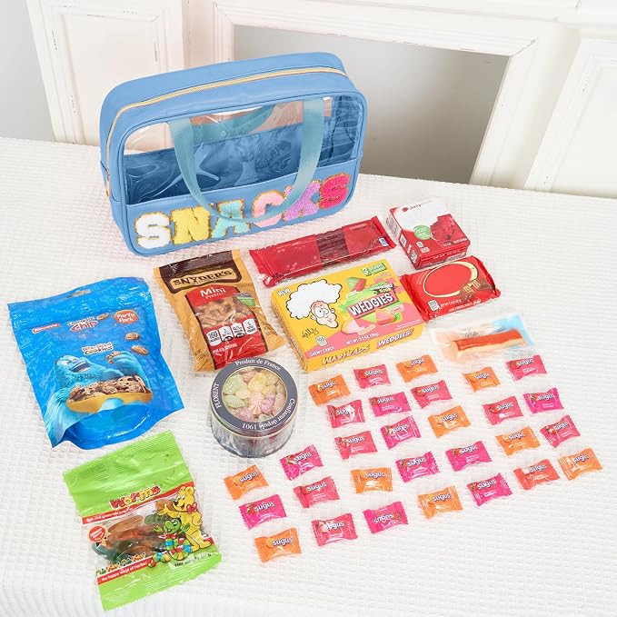 Snack Bags Chenille Letter Patch Clear Bag Snacks Bag for Travel, Preppy Cosmetic Bag Snacks Pouch with Zipper, Toiletry Bag for Traveling women, Clear Travel Bags for Toiletries (Blue-Snack) - Image 6