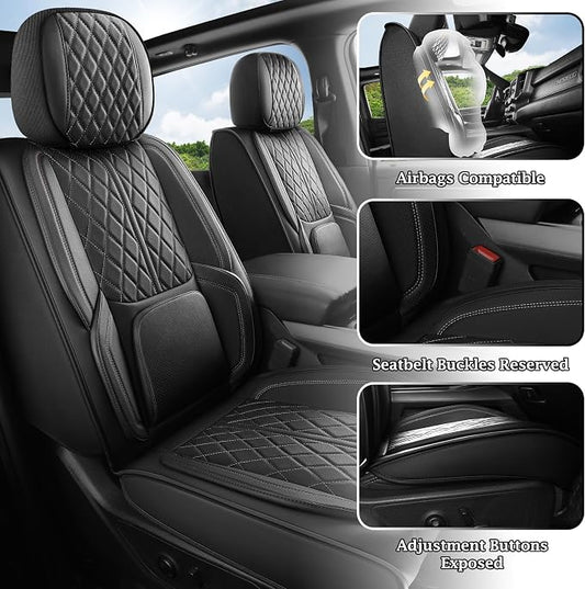 Custom Fit Chevy Silverado GMC Sierra 1500 2007-2026 2500/3500 HD Crew Cab Faux Leather Front Seat Covers - 2 Pack, Waterproof & Breathable Car Seat Protector for Truck, Black - Image 2