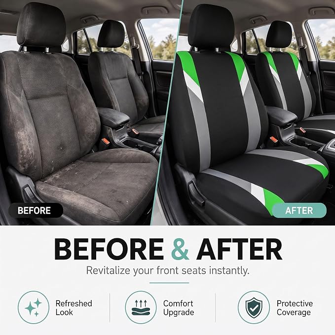 FH Group Front Set Cloth Car Seat Covers for Low Back Car Seats with Removable Headrest, Universal Fit, Airbag Compatible Seat Cover for SUV, Sedan, Van, Green - Image 9