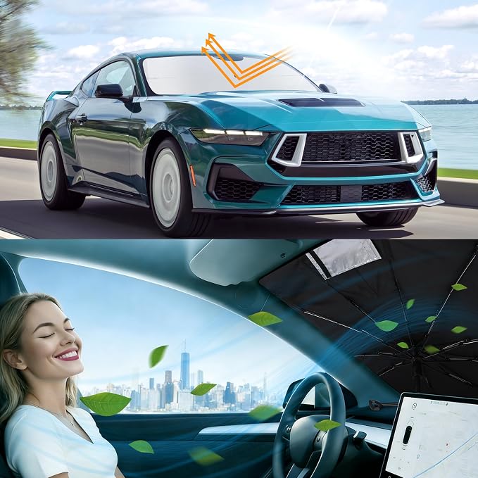 Windshield Sun Shade Umbrella for 2015-2026 Fo-rd Mustang | Full covered for windshield, Block UV Rays, Heat Reduction, Easy to install, Durable & Fold Up Small - Image 6
