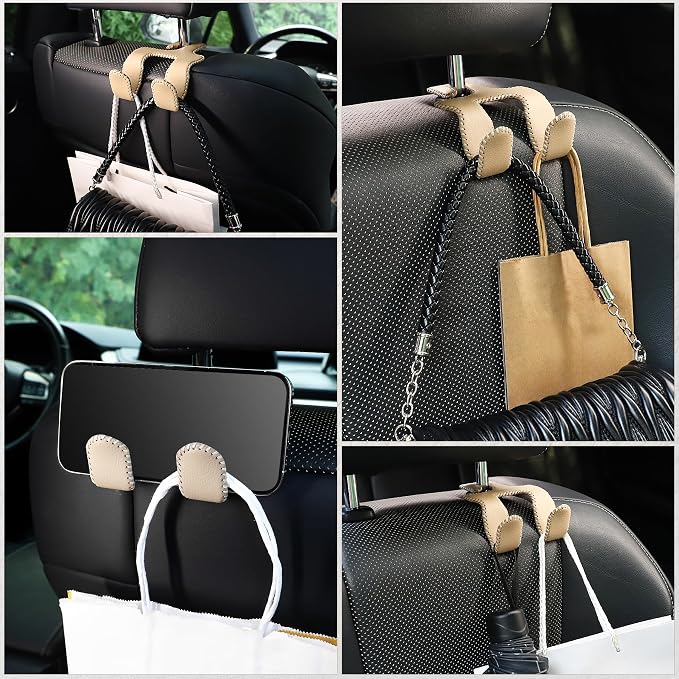 LivTee Upgraded Superior Leather Car Seat Back Headrest Hook, 2 in 1 Auto Seat Hook Hangers Holder Organization Interior Accessories for Purses Coats Umbrellas Grocery Bags Handbag (Beige) - Image 6