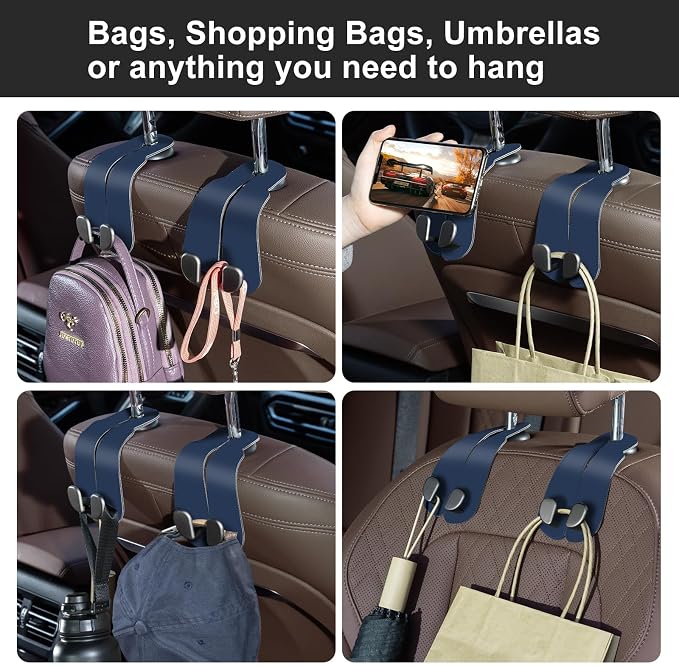 CoBak Purse Hook for Car - Universal Premium Stitched Leather and Aluminum-Magnesium Alloy Double Car Seat Back Storage Hook for Purses, Handbags, Bags (2 Pack),Indigo Blue - Image 6
